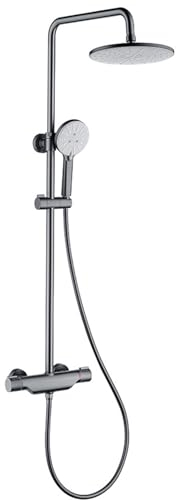 BiaoTeng Regendusche mit Armatur HöHenverstellbar, Runddusche 3 Funktions Duschkopf Warm und Kalt, Wandmontage Duschset mit Armatur Badewanne, Grau
