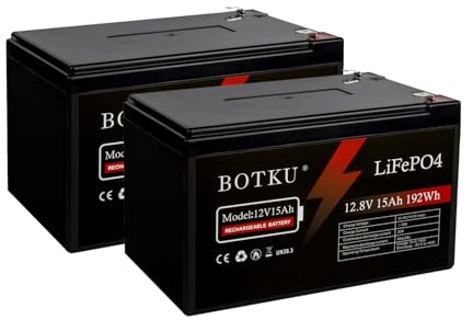 BOTKU 12V 15Ah Lithium LiFePO4 Deep Cycle Battery 2 Pack, 3000+ Cycle Rechargeable Lithium Iron Phosphate Battery for Solar, Fish Finder, Power Wheels, Lighting, Off-Grid Applications with 20A BMS