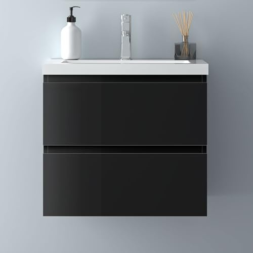 Biubiubath Badezimmermöbel 50cm Mineralguss Waschtisch mit Unterschrank Badmöbel Set Badezimmerschränke mit 2 Soft-Close Schubladen Hochglanz Schwarz