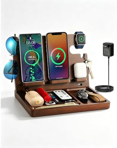 Xunhomon Kabellose Ladestation, Holz-Handy-Dockingstation, Nachttisch-Ladestation mit 4 kabellosen Ladegeräten für iPhone/Samsung/Android/Apple Watch/Airpod/Galaxy Buds, Geschenke für Männer