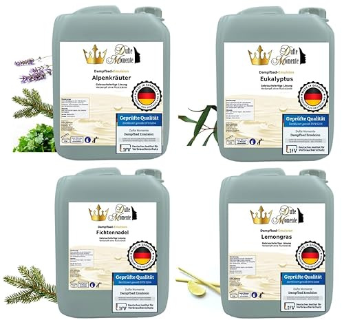 Dufte Momente | Dampfbad Emulsion 4 x 5 Liter | freie Wahl aus 28 Düften | geprüfte Qualität | mit naturreinen und natürlichen ätherischen Ölen | gebrauchsfertig | vegan und ohne Tierversuche