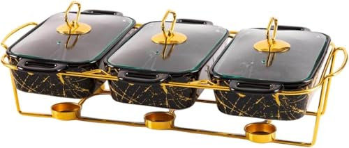 Keramik Chafing Disk Buffet Set 3 in 1-3x0.9 QT Chafing Dishes for Buffé - Värmbrickor för mat - Chafers och Buffévärmare Set med glaslock för födelsedag, bröllop, svart
