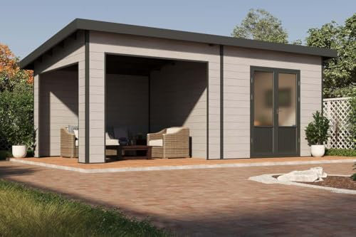 Finnhaus Wolff WPC Gerätehaus Tona 6030 28 Hellgrau Gerätehaus aus Holz/Kunststoff in Hellgrau, Geräteschrank mit 28 mm Wandstärke inklusive Schleppdach Gartenhaus