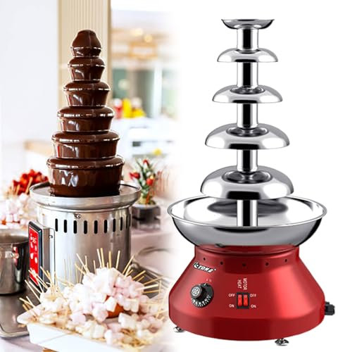 GESAIDES Fontaine à Chocolat, Fontaine à Fondue au Chocolat, pour Fête, Anniversaire, Mariage, Chocolat, Nachos, Fromage, Sauce Barbecue, liqueurs,5tiers-Red