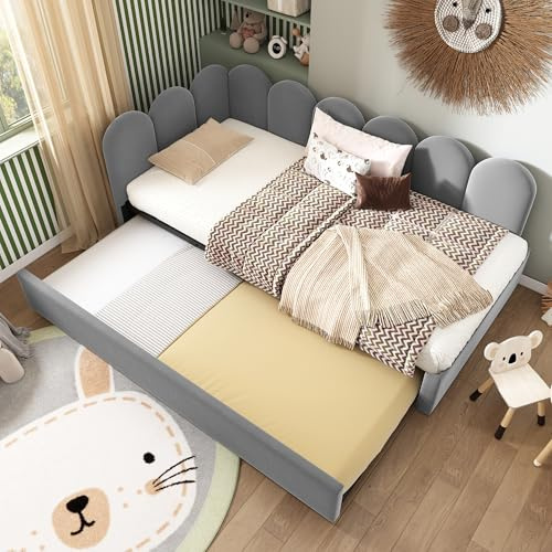 Zravenna Polsterbett Einzelbett 90x200cm mit Ausziehbett,Stauraumbett Samt Daybett Tagesbett Schlafsofa mit Lattenrost Jugendbett und Erwachsene,Ohne Matratze(200cm-B-Grau)