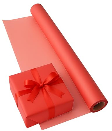 58CM X 20M Rollo de Celofán Semitranslucido - Papel Coreano para Flores y Ramos de Decoración, para Envolver Cajas de Regalo, Papel de Regalo Impermeable (Rojo)