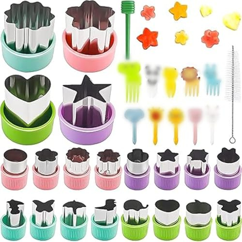 32Pcs Kids Food Cutter Set, Stainless Steel Mini Cookie Cutters Vegetable Fruit Shape Cutters with Food Picks for Bento Box DIY Baking