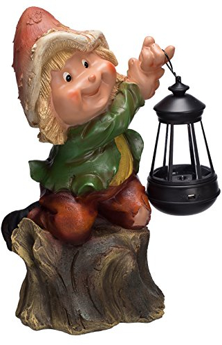 Statuetta per bambini, gnomo da giardino con lampada solare NF12180-2, grande 31 cm di altezza, statuetta da giardino, decorazione per bambini, gnomo con cappello a fungo su un tronco d'albero, con