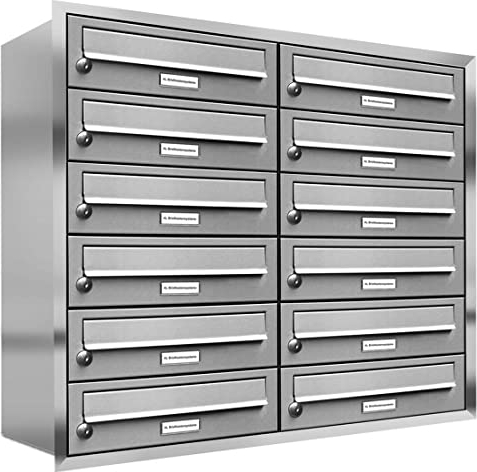 AL Briefkastensysteme, 12er Unterputzbriefkasten, Briefkasten rostfrei, 12 Fach Briefkastenanlage modern, Edelstahl Postkasten