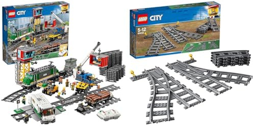 LEGO 60198 City Cargo Train Set Battery Powered Engine for 6 Year Old, RC Bluetooth Connection, 3 Wagons, Tracks and Accessories & 60238 City Switch Tracks 6 Pieces Extention Accessory Set