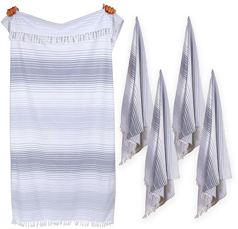 Native Fab Oversized Beach Towel, 4 Pack, 40x71 inches 100% Cotton Turkish Peshtemal for Adults,Soft & Absorbent, Extra Large Beach Towel for Hammam Spa Beach Blanket Bath, Cabana Strips, Grey White