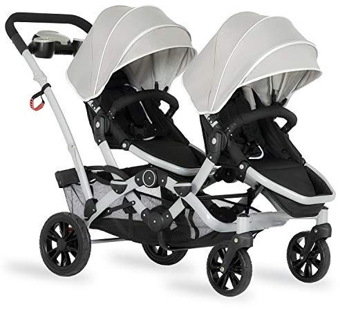 Dream On Me Track Tandem Double Umbrella Stroller in Light Grey, Lightweight Double Stroller for Infant and Toddler, Multi-Position Reversible & Reclining Seats, Large Storage Basket and Canopy