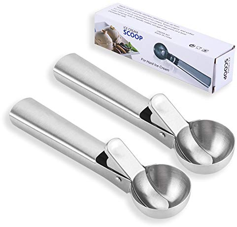 Latauar Stainless Steel Ice Cream Scoop - Cookie Scoop with Easy Trigger, Dipper for Fruits, Cookie Dough and Water Melon Spoon - 2 Pack