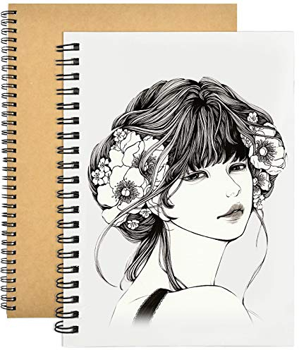 2 Pezzi Album da Disegno A4, 150GSM / 140 Pagine Taccuino da Disegno, Copertina Kraft Blocco Note a Spirale Quaderno per Schizzi Adulti, Acquarello, Paesaggio (Copertina Marrone)