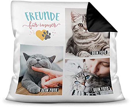 PfotenSchild Katzen Kissen mit Füllung - Fotocollage - Freunde für Immer - mit DREI Fotos selbst gestalten - Geschenk für Katzenliebhaber - Farbkissen Rückseite Schwarz, 40 x 40 cm
