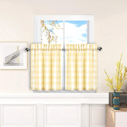 Amzdecor Buffalo Check Tier Curtains for Kitchen, Thick Yarn Dyed Buffalo Plaid Gingham Rod Pocket Farmhouse Cafe Bathroom Curtains, Short Kitchen Window Curtains,28 W x 24 L, Yellow/White, Set of 2
