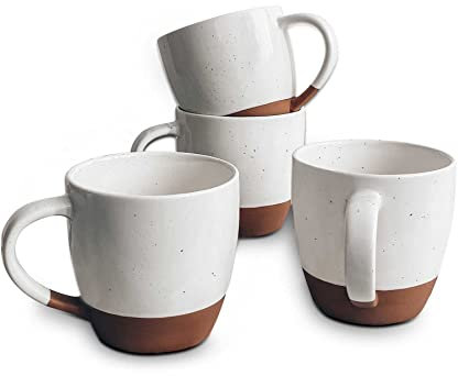 MORA Ceramic Large Latte Mug Set of 4, 16oz - Microwavable, Porcelain Coffee Cups With Big Handle - Modern, Boho, Unique Style For Any Kitchen. Microwave Safe Stoneware - Vanilla White