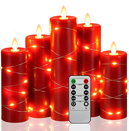 Da by LED Kerzen, 5 Stück, LED-Lichterkette, 360-Grad-Blickwinkel, mit sternenklare Lichterkette, mit 10-Tasten-Fernbedienung, 24-Stunden-Timer-Funktion, tanzende Flamme, echtes Wachs (rot).