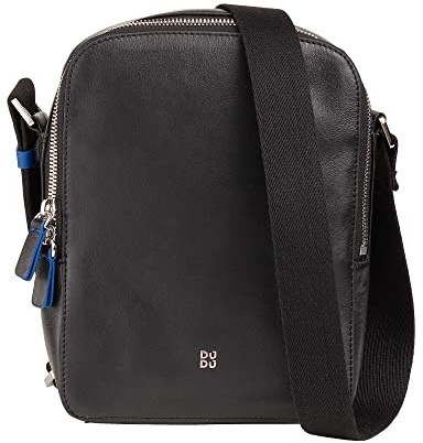 DUDU Herren-Handtasche aus echtem Leder, verstellbare Umhängetasche, kleines kompaktes Design, mehrere Fächer und Reißverschluss Schwarz