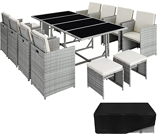 tectake® Set Palma in Rattan per Giardino, 8 Sedie, 4 Sgabelli, 1 Tavolo con Piano in Vetro Temperato, Struttura in Acciaio, Involucro di Protezione, Arredo Giardino - Grigio Chiaro/Crema