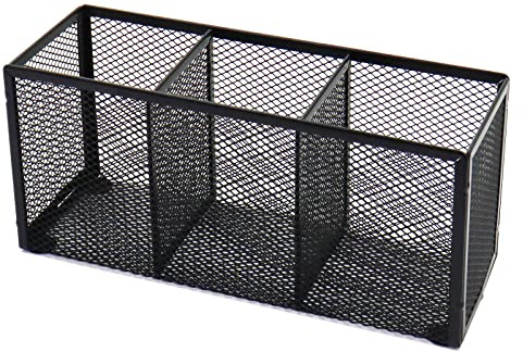 Flytreal Black Mesh Pen Pencil Holder, Small Metal Desk Organizer Desktop Stationery Office Supplies Acessories Storage Stand, 3 Compartments Brushes Holder for Home School Classroom Teachers