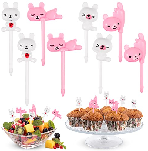 QESSUVNC 8 Stück Food Picks Kinder Wiederverwendbare Obstgabeln Kinder Cartoon Bär Obstspieße Kinder Mini Zahnstocher Bento Box Zubehör für Kuchen Desserts Obst Party Dekoration BentoZubehör