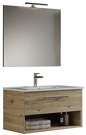 Mama Store GEA2 80 - Mobile Bagno Sospeso 80 CM Cassetto e Vano a Giorno Quercia Naturale con Lavabo, Specchio e Lampada LED, L.81 X P.45 X H.46 cm