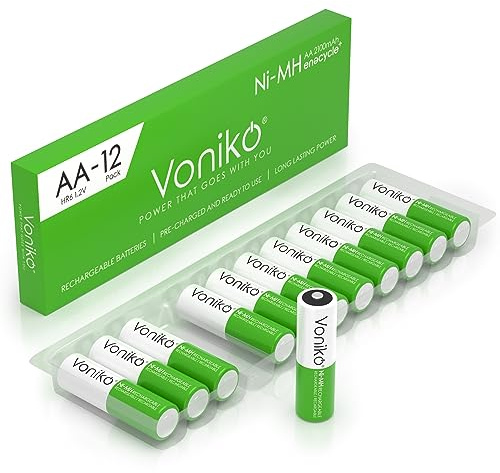 Voniko Rechargeable AA NiMH Enecycle Double A Batteries 12 Pack – Ultra Long Lasting, 2100mAh, Recharge up to 1000x Times, Pre-Charged (1.2V)