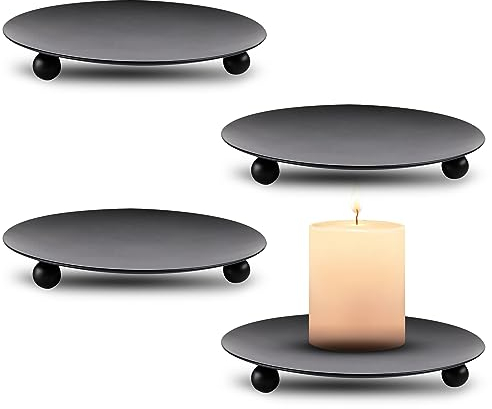 YAKLEE Kerzenhalter 4 Stück 10cm Eisen Kerzenständer Stumpenkerzen, Schwarz Rund Kerzenplatte, Retro Tischdeko Kerzenleuchter für Abendessen Partylite SpaHochzeit Adventskranz