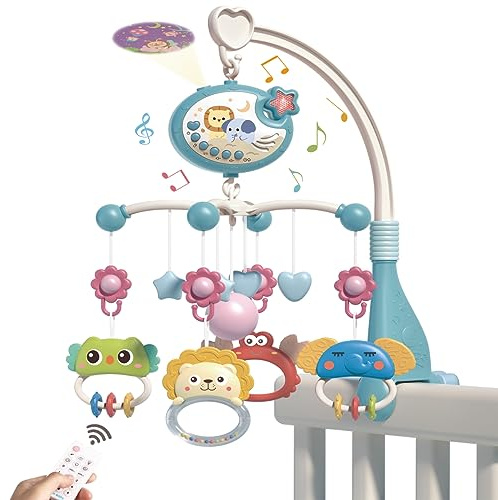 Baby Crib Mobile mit Fernsteuerung, Stern Projektor & Timing-Funktion, Musical Mobile für Bett mit Licht und Melodien, Hängende rotierende Rasseln Spielzeug für Neugeborene(Blau)