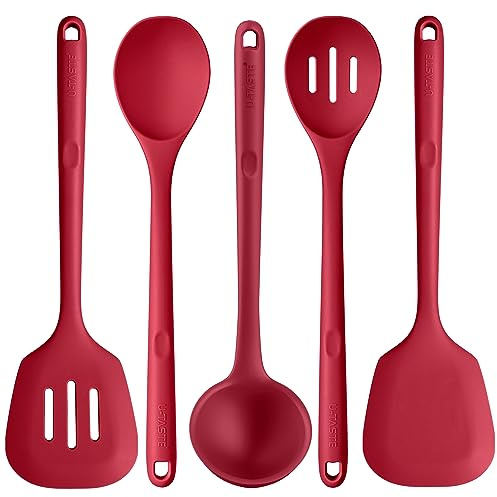 U-Taste Extra lange Küchenutensilien aus Silikon, 5 Stück, 315 °C hitzebeständig BPA-freier Kochutensilien, antihaftbeschichtetes Pfannenwender Löffel Set zum Mischen Servieren Braten Rühren (Rot)