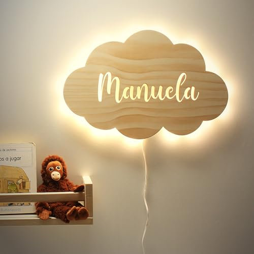 DEHOME - Lámpara de Pared Infantil Personalizada LED - Diseño de Globo Nube Estrella Sol - Luz Nocturna de Madera para Bebés y Niños - Regalo Original y Decoración para Habitación Infantil (Nube)