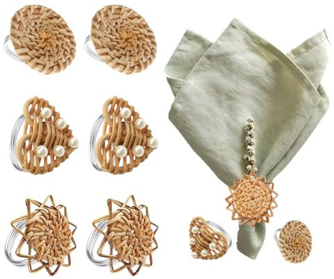 Elistonie Serviettenringe Set von 6 Boho Rattan gewebt Herbst Serviettenringe handgefertigt rustikale Holz Serviettenringe Halter für Esstisch Thanksgiving Bauernhaus Party Hochzeit Tisch