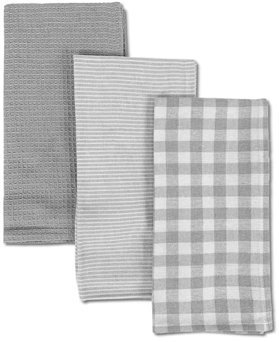 TIENDA EURASIA – Juego de 3 Paños de Cocina, Diseño Liso, de Cuadros y Rayas, Distintos Colores, 50x50x1,5 cm, Multiusos, 100% Algodón, Suave, Resistente y Absorbente (Gris)