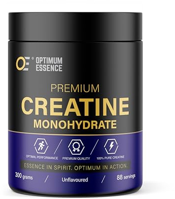 OptimumEssence® 100% Kreatinmonohydrat Pulver 300 g | Premium Quality | Smakneutral | Tillverkat i Europa | Veganskt - 3,4 g per Portion (88 Portioner)