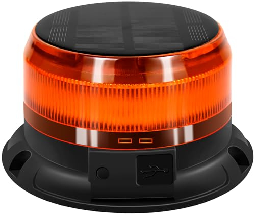 antom Gyrophare LED énergie Solaire sans Fil Rechargeable 12V-24V Orange Phare d’Avertissement Clignotant magnétique 9 Modes de Flash avec avec 3m Câble Prise Allume-Cigare et câble de Charge USB