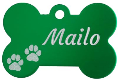 Unikat Branding Hundemarke mit Gravur personalisiert, Knochen, Grün | Erkennungsmarke und Adressanhänger für Hund, Katze, Welpe, Anhänger fürs Hundehalsband, beidseitig graviert, 38 mm
