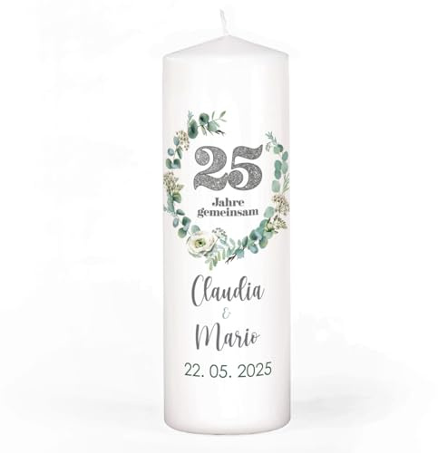 Herz & Heim® Kerze zur Silberhochzeit, 4 Motive mit Eukalyptus zur Wahl, personalisiert mit Namen & Datum (Motiv 3)