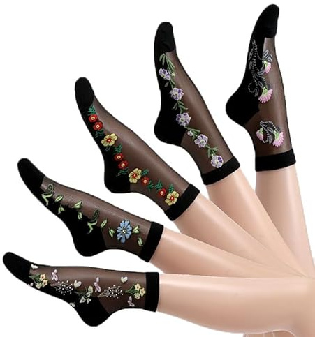 Alxad Calcetines Tobilleros Mujer Transparentes Finos Calcetines Cortos Verano Volantes Medias de Nylon Moda Populares para Mujeres y Niñas, 5 Pares