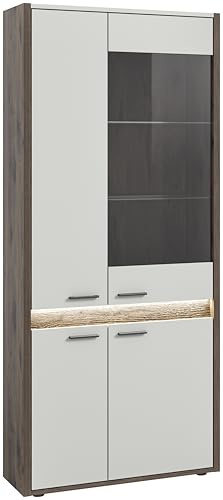xonox.home Wohnzimmer Falcona Vitrine Glas Schrank Glasvitrine Vitrinenschrank Schukasten Front hellgrau Nb. Korpus Nox Oak Eiche dunkel Nb.ca.82x198x37cm inkl. Frontbeleuchtung