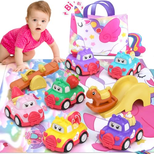 usrela 10 Stück Spielzeug Auto ab 1 2 Jahren Mädchen, Spielzeug ab 1 2 Jahre Mädchen, 6 Pcs Push & Go Spielzeugauto mit Aufbewahrungstasche, Kinderspielzeug Weihnachten Geburtstag für 1 2
