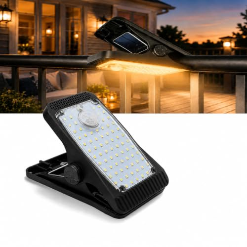 Hqynss Solar-Klemmleuchte Außen mit Bewegungsmelder,73 LED 1000LM Solar Sicherheitsleuchte, 3 Modi, 1500mAh Akku, IP65 Wasserdicht, 2 Montagearten für Zaun, Garten, Garage und Terrasse