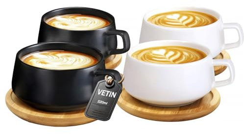 VETIN Tazze da cappuccino con piattino, tazza in marmo, tazzine da caffè in porcellana da 300 ml per tè caffè cappuccino, tazze da caffè con disco in legno (Nero*2+Bianco*2)