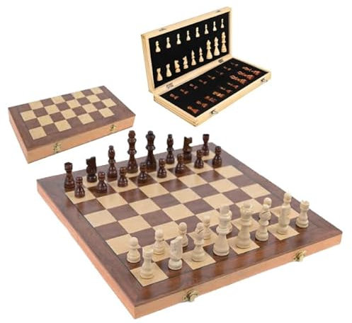 WOODENFUN Schachspiel Magnetische Holz für Erwachsene und Kinder Faltbares Schachbrett 40x40cm Tragbares Schachspiel Nuss- und Kiefernholz(Braun Große Faltung)