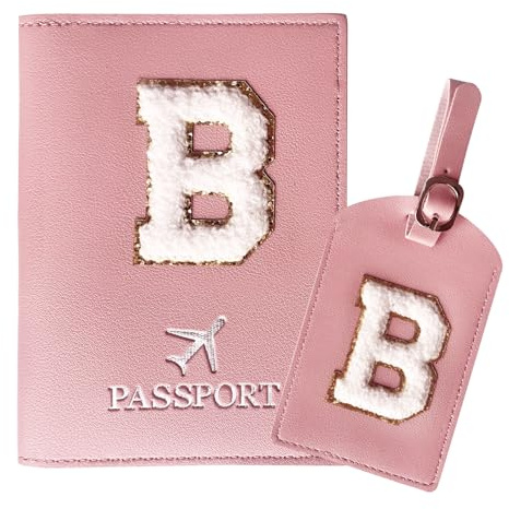 ZVRSUA Reisepasshülle Rosa und Kofferanhänger Set mit Buchstabe B, Passport Hülle Reise Gadgets und Travel Essentials Hülle Reisepass,Geschenk für Frauen/Teenager/Mädchen/Kind(B)