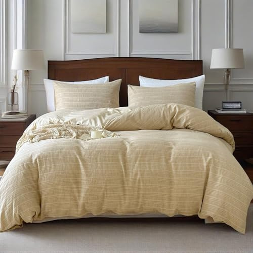 Simple&Opulence Linen Duvet Cover King Size, 3 PCS Natural Linen Cotton Blend Bedding Set with Striped Jacquard-1 Duvet Cover 2 Pillowcases, Luxury Bedding for All Season (Linen, 104x 92)