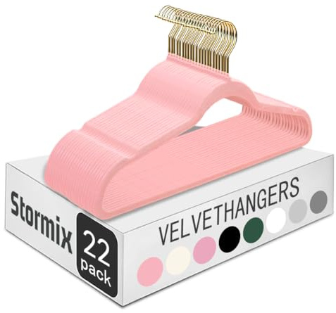 Stormix Samt-Kleiderbügel, 44 x 22 cm, rutschfeste Kleiderbügel mit Schulterkerben, für Erwachsene, Rosa – goldfarbener Haken, 22 Stück