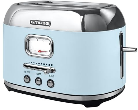 Muse Retro Toaster, 2 Scheiben, 6 Bräunungsstufen, analoge Anzeige, beleuchtete Tasten, Krümelschublade, pastell blau