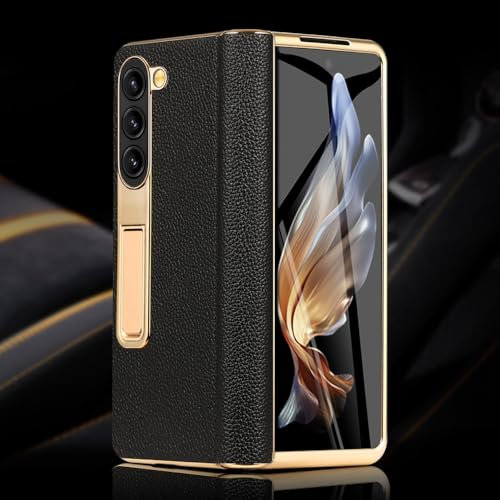 Leder-Handyhülle für Samsung Galaxy Z Fold 5 4 3 Fold4 Fold5, vergoldete magnetische Scharnier-Ständerabdeckung mit Spiegelfolie, 5, für Samsung Galaxy Z Fold 5