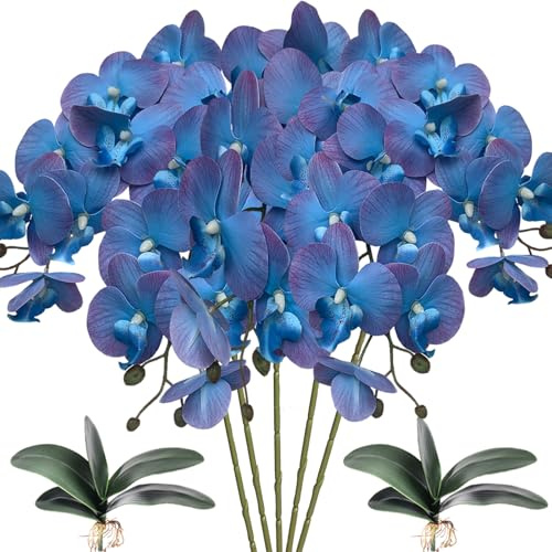 HinyoCo 5 Künstliche Phalaenopsis-Blumen,80 cm Künstliche Orchidee mit Künstliche Orchidee Blätter 2 Bündeln, Party, Büro, Terrasse, Hof, Heim-Blumendekoration (Blaue und Violette Kanten)